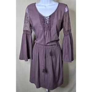 American Eagle Boho Dress Mauve Purple Lace Trim Bell Sleeve Women’s M Excellent